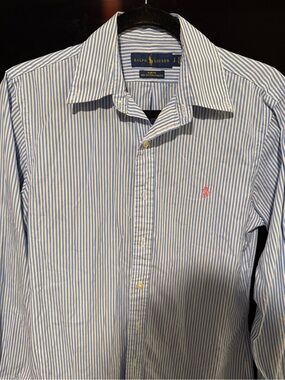 Ralph Lauren Light Blue & White Vertical Stripe Dress Shirt with Pink Pony